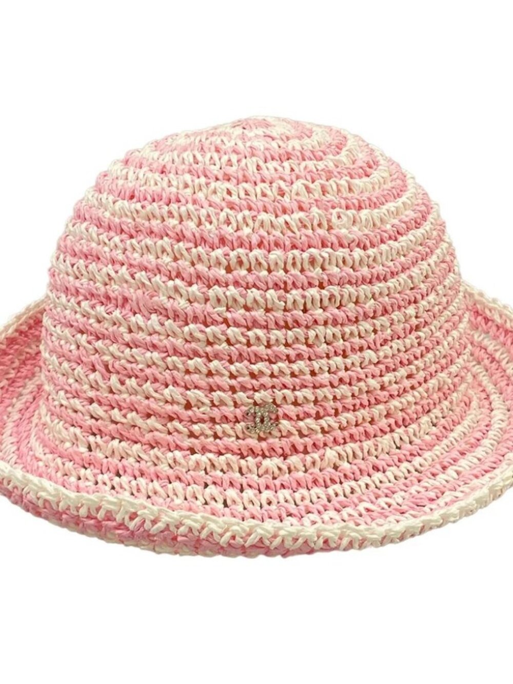 CHANEL Pink White Straw Hat